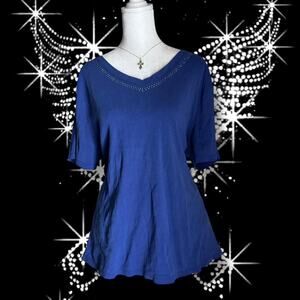 light sky blue rhinestone v neck muted dark blue top